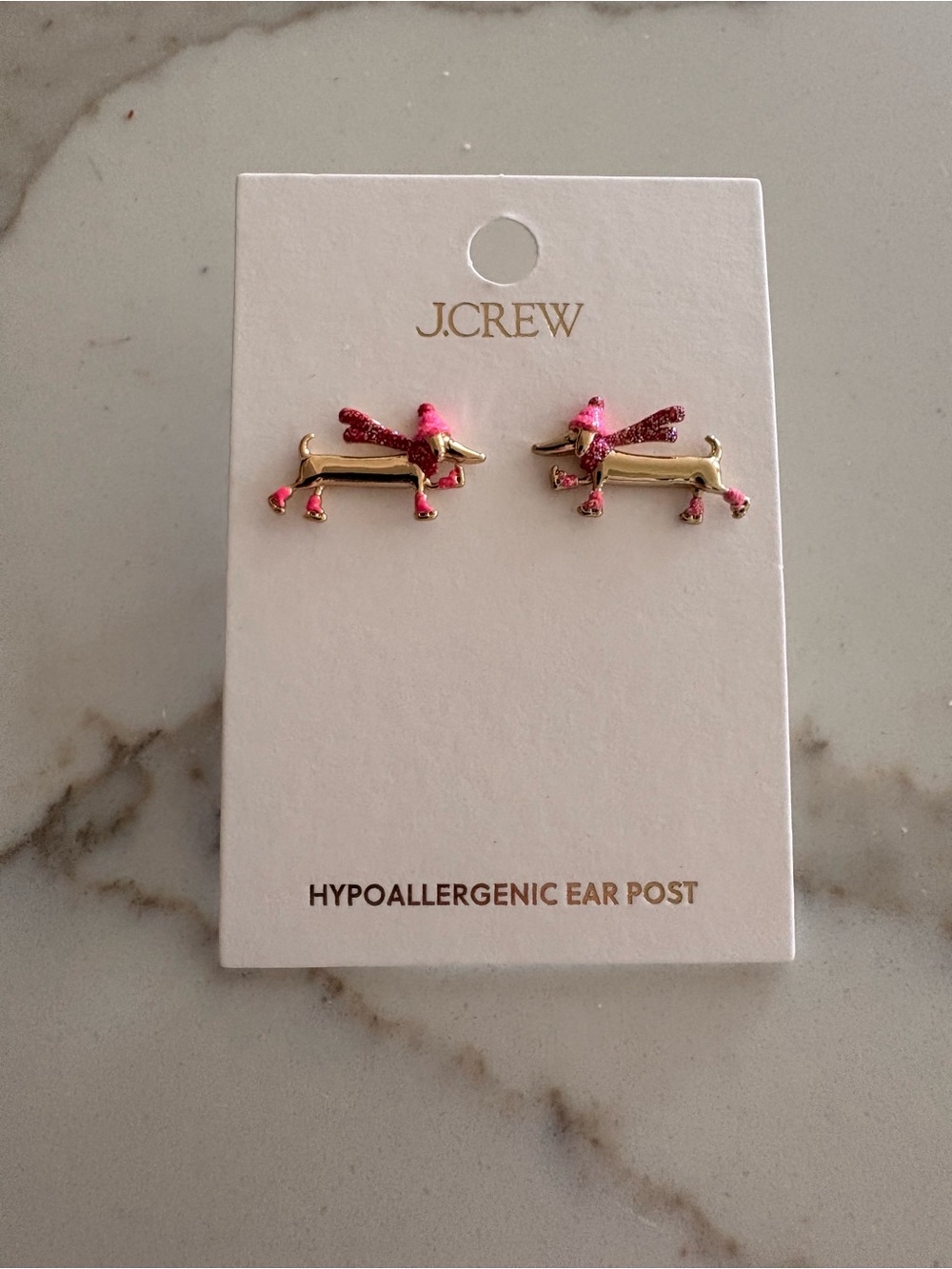 J. Crew Gold and Pink Dachshund Stud Earrings